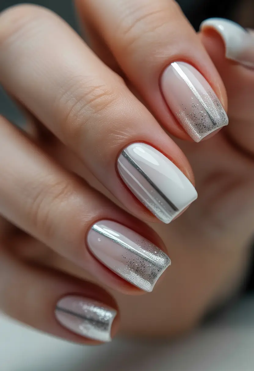 white nails silver line art design