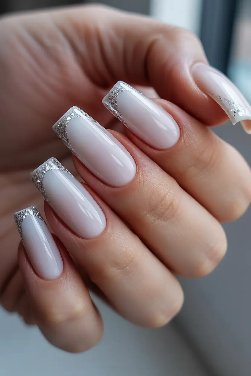 white nails pearly glitter tips