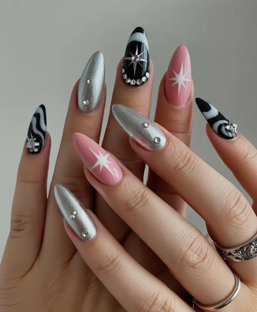 y2k nails Pink Silver Star Design