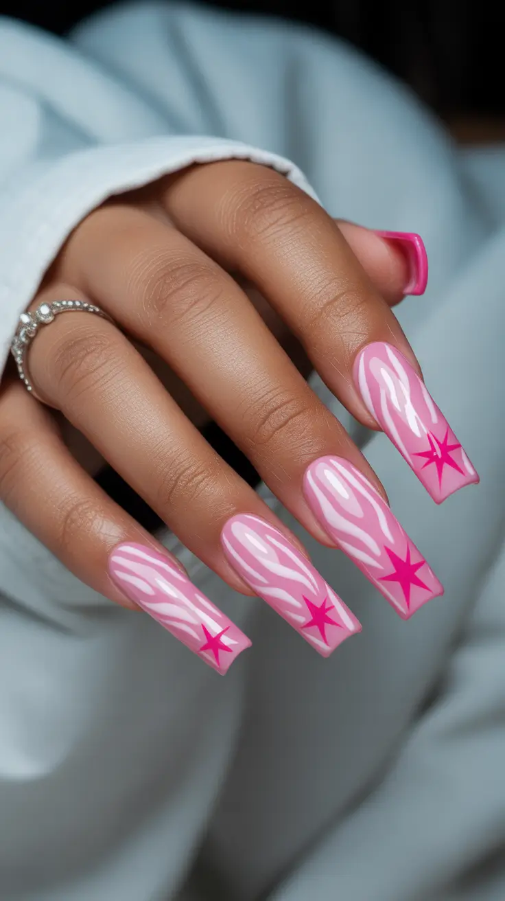 y2k nails Pink Flames Star Design