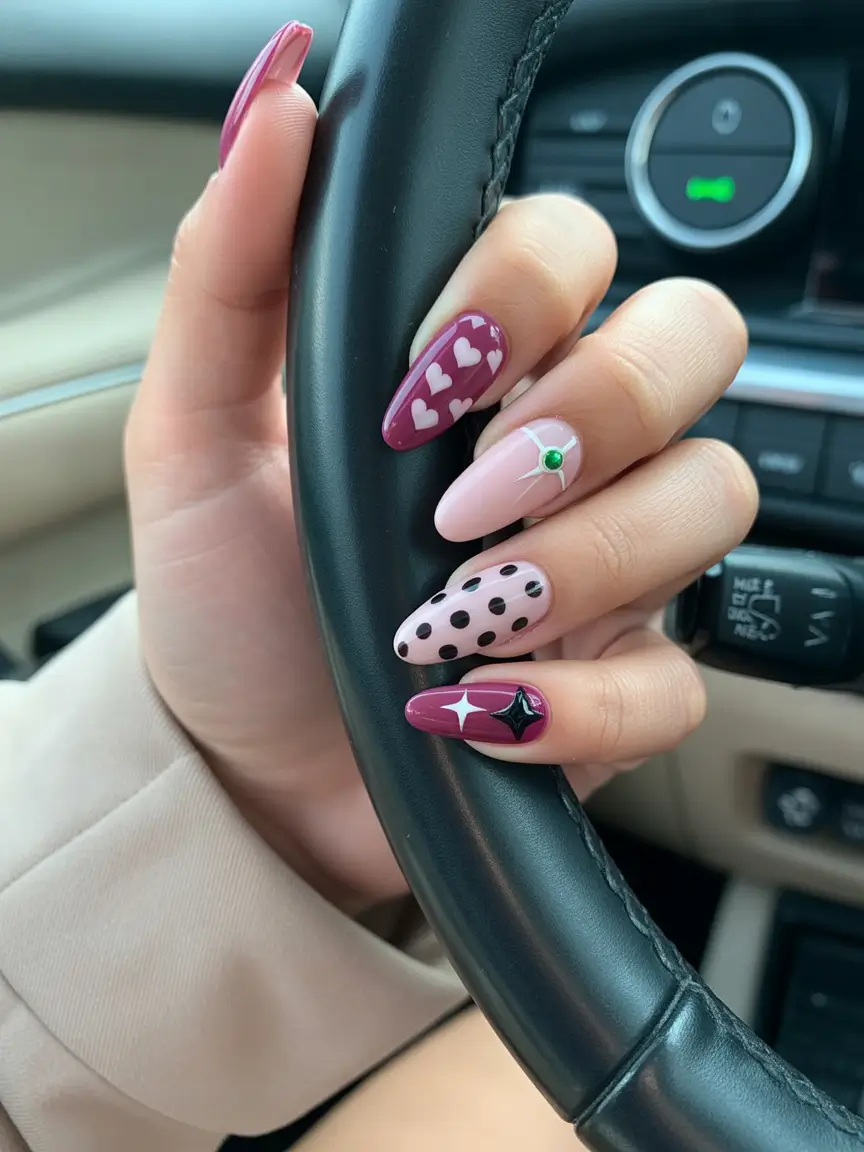 y2k nails Pink Heart Mixed Motif