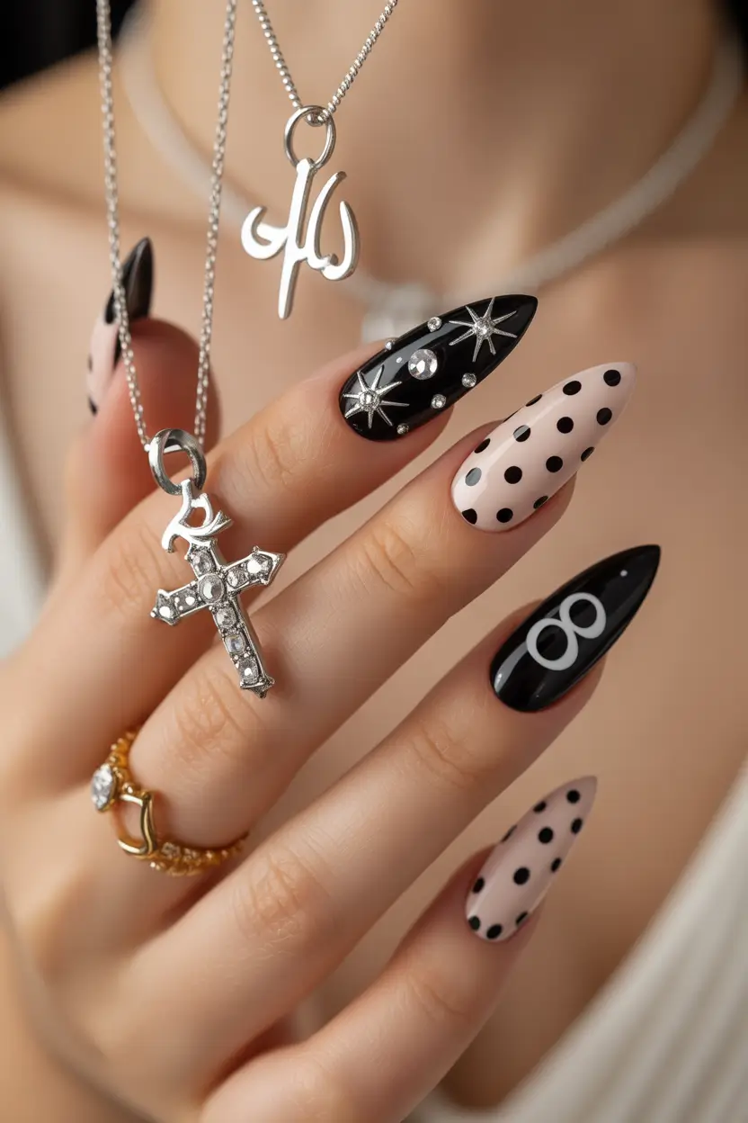 y2k nails Dark Black Polka Dot