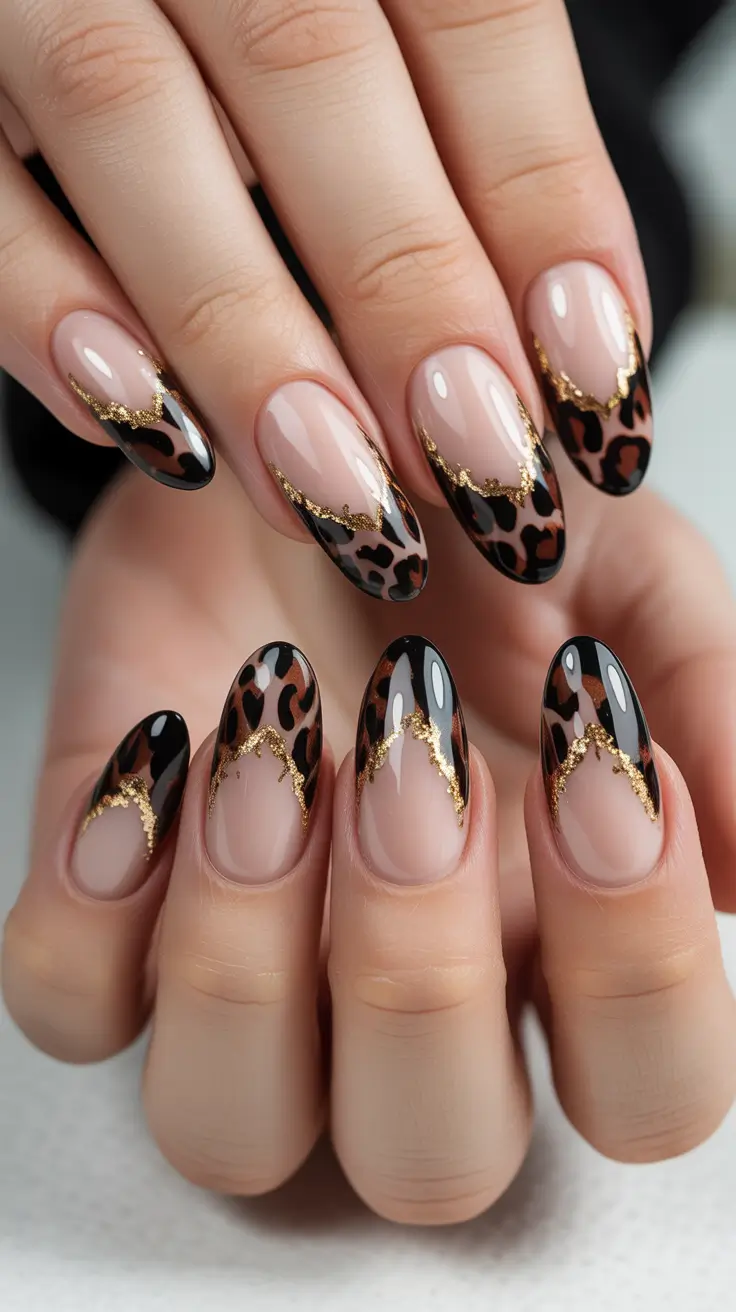 y2k nails Leopard Gold French