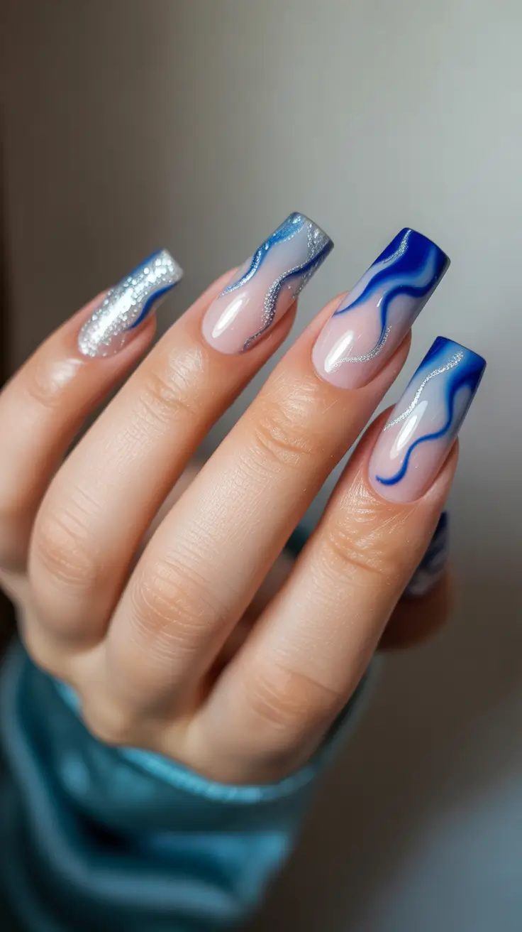 y2k nails Blue Chrome Waves