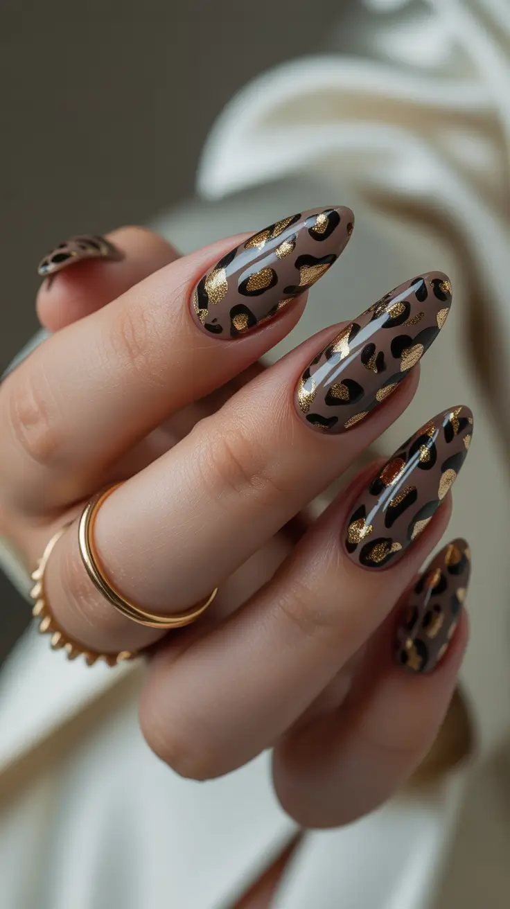 y2k nails Gold Leopard Design
