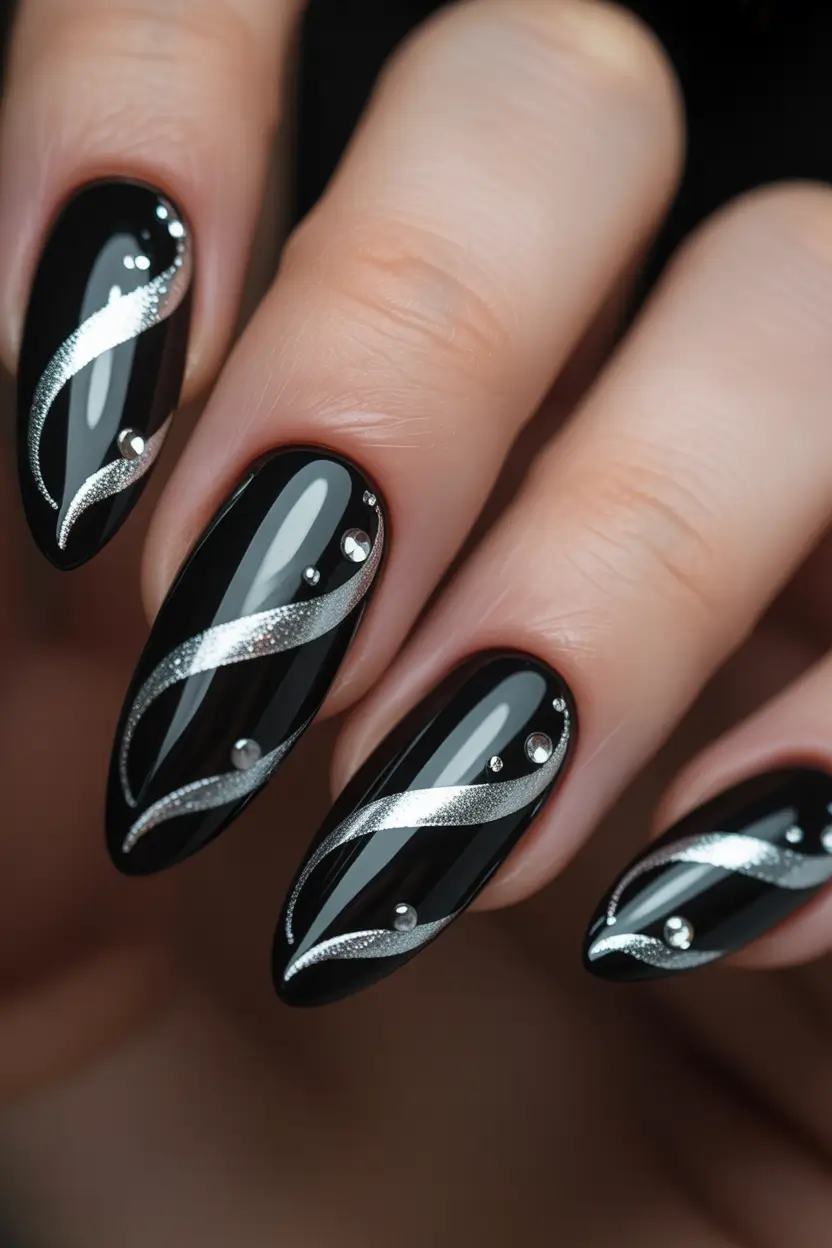 y2k nails Black Chrome Waves