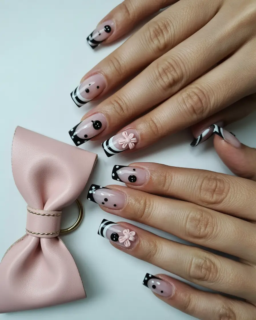 y2k nails Black and White Bow Design