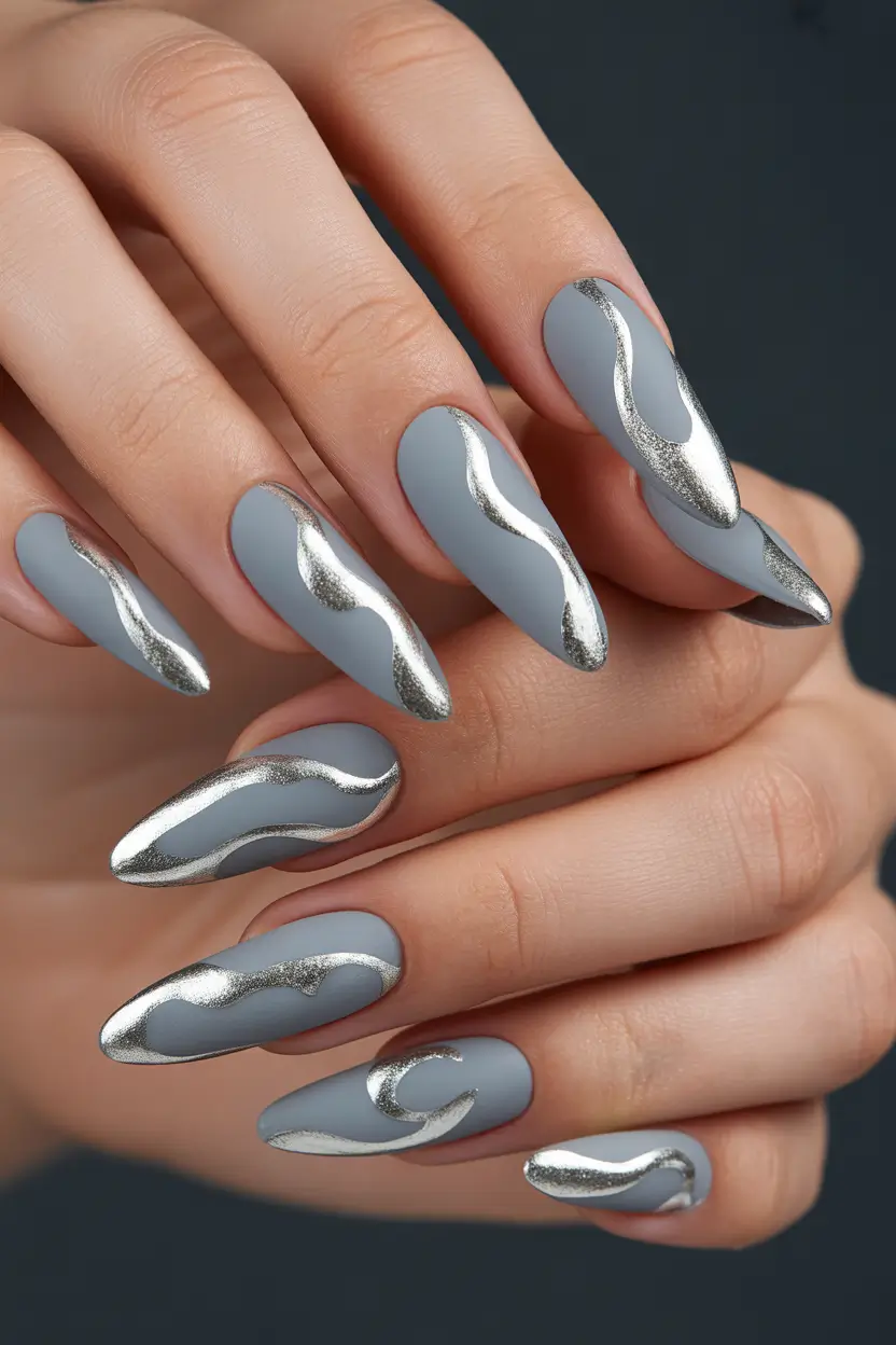 y2k nails Grey Chrome Waves