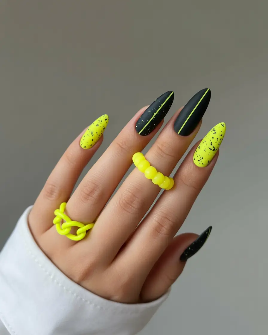 yellow nails Neon Yellow and Matte Black Contrast