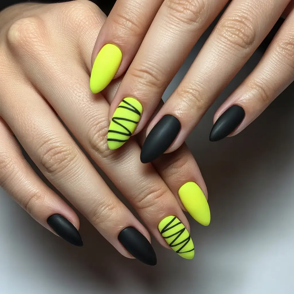 yellow nails Neon Yellow and Matte Black With Graphic Lines