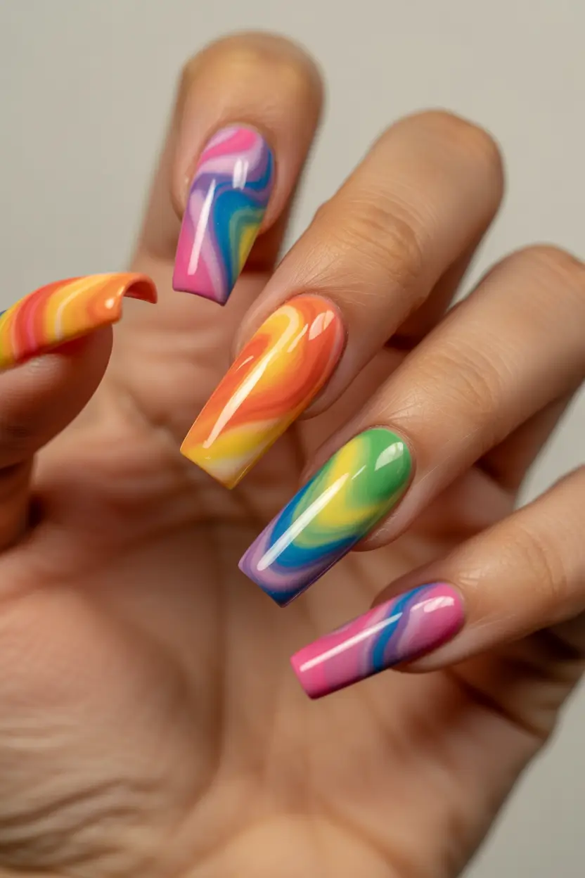 yellow nails Multicolor Swirl Nails With Yellow Base