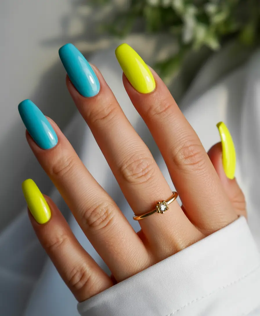 yellow nails Yellow and Blue Color Block Minimalism