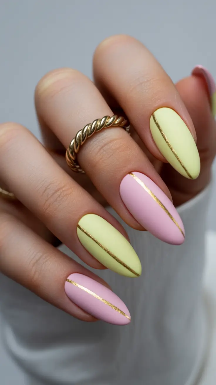 yellow nails Pastel Yellow and Blush Pink With Gold Lines