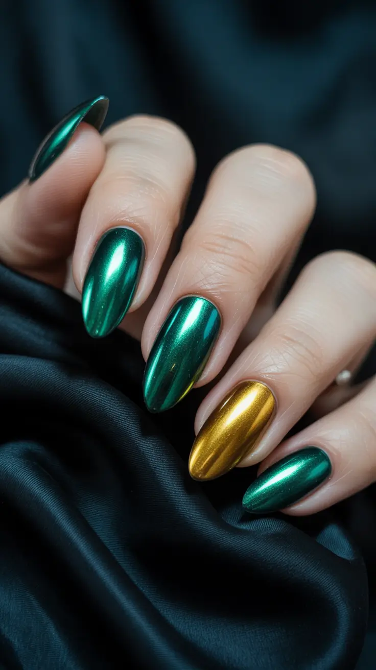 yellow nails Emerald Green and Gold Chrome Accent
