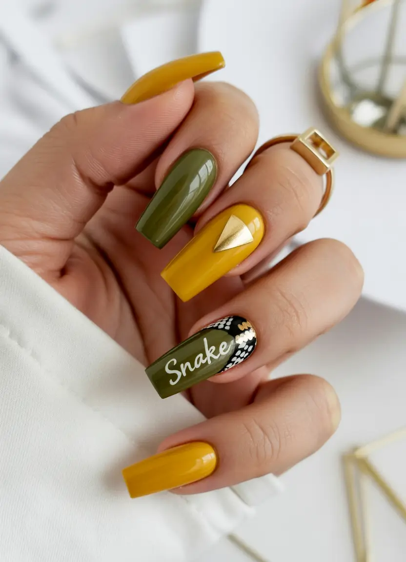 yellow nails Green and Yellow Snake-Inspired Nails