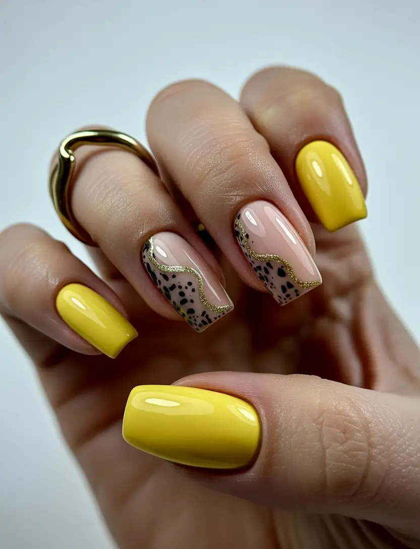 yellow nails Glossy Yellow With Nude Leopard Waves