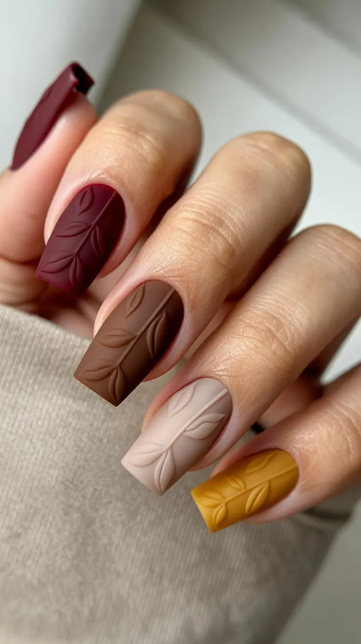 yellow nails Matte Autumn Tones With Sculpted Leaf Texture