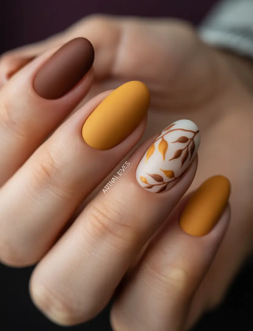 yellow nails Mustard Yellow and Chocolate Brown With Delicate Leaf Accent