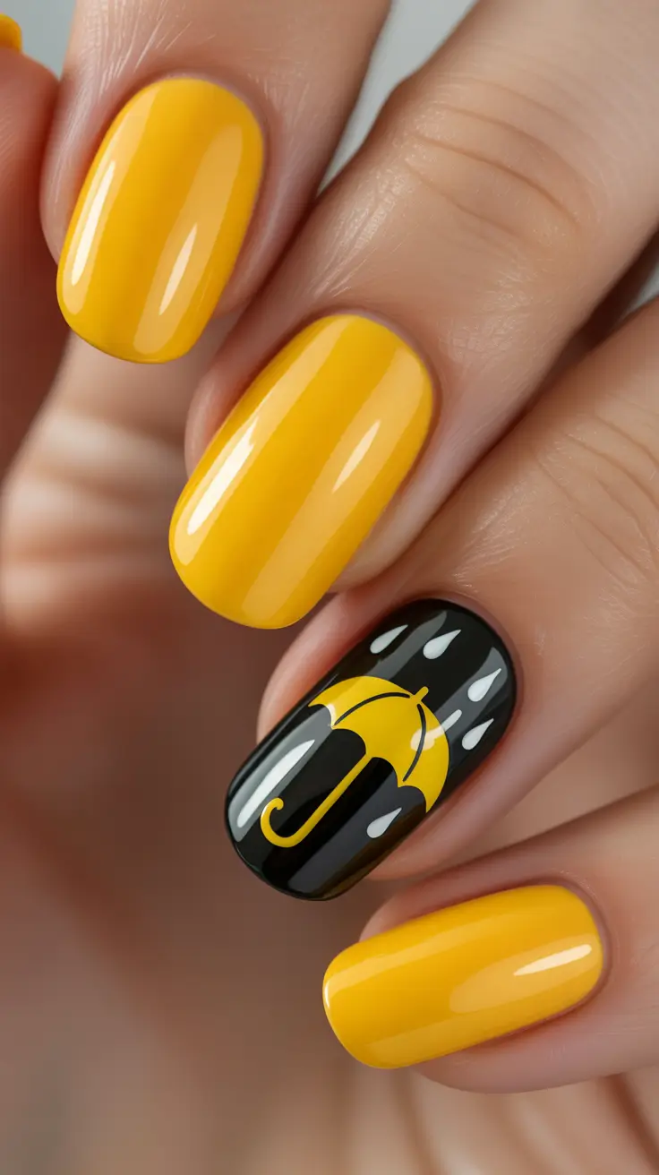 yellow nails Graphic Yellow With Black Umbrella Accent