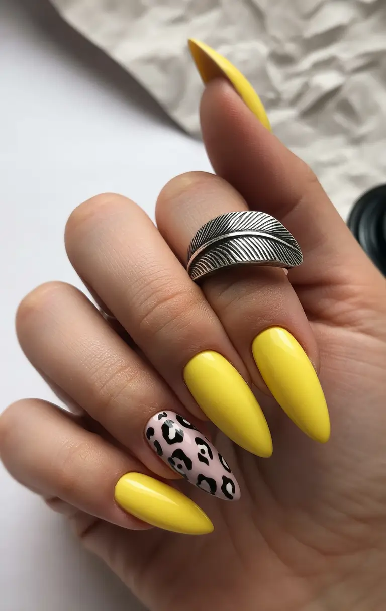 yellow nails Yellow Almond Nails With Leopard Accent