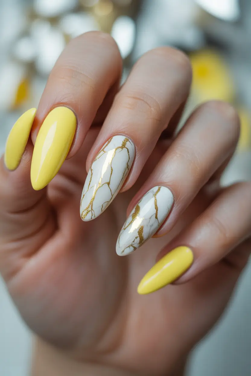 yellow nails Yellow and White With Gold Veining