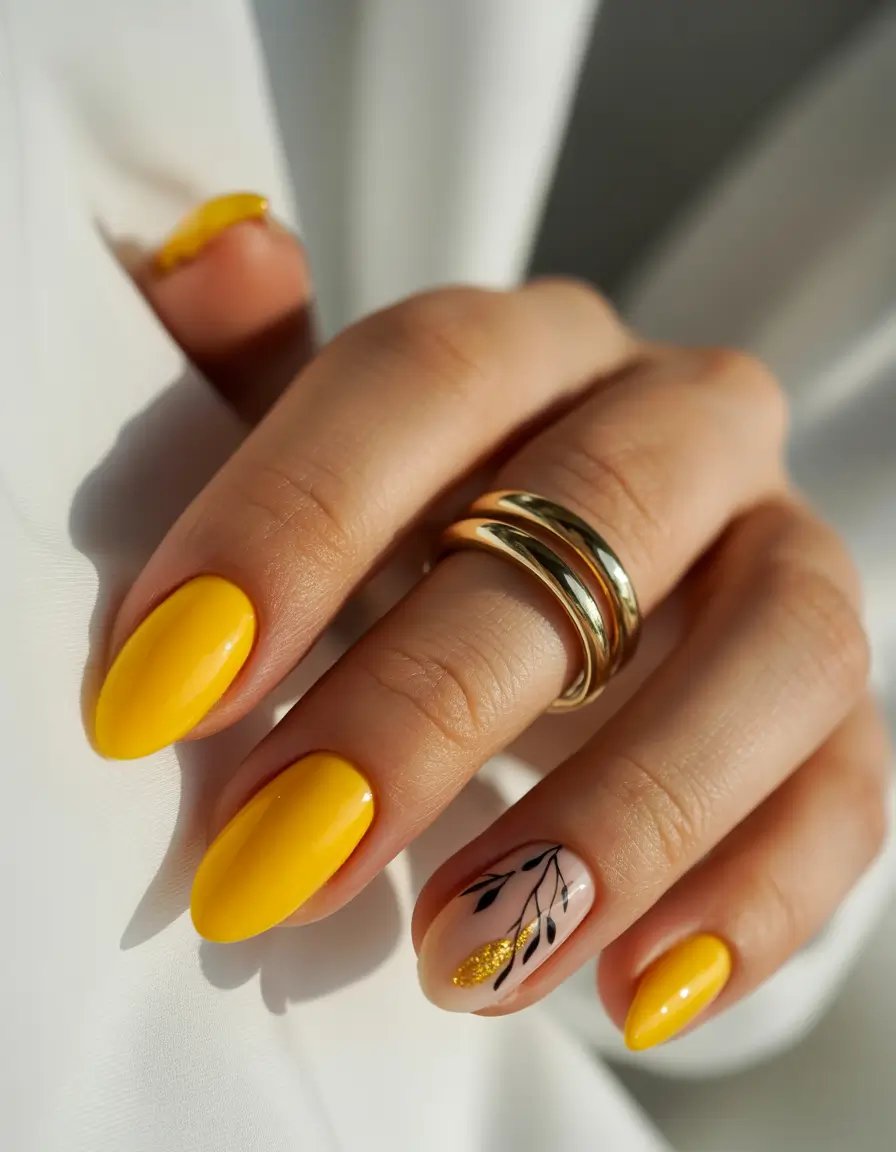 yellow nails Bright Yellow With Minimal Botanical Accent