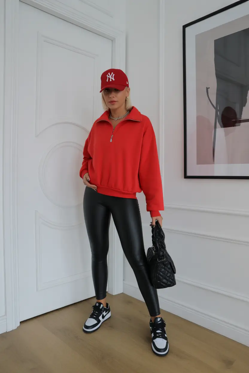 24 chic leggings outfit spring 2026 Red Accents and Faux Leather Confidence