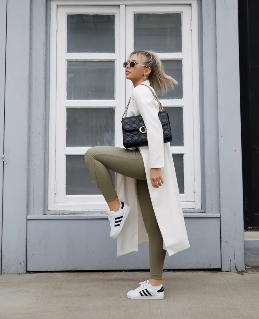 24 chic leggings outfit spring 2026 Green Leggings with a Tailored Twist