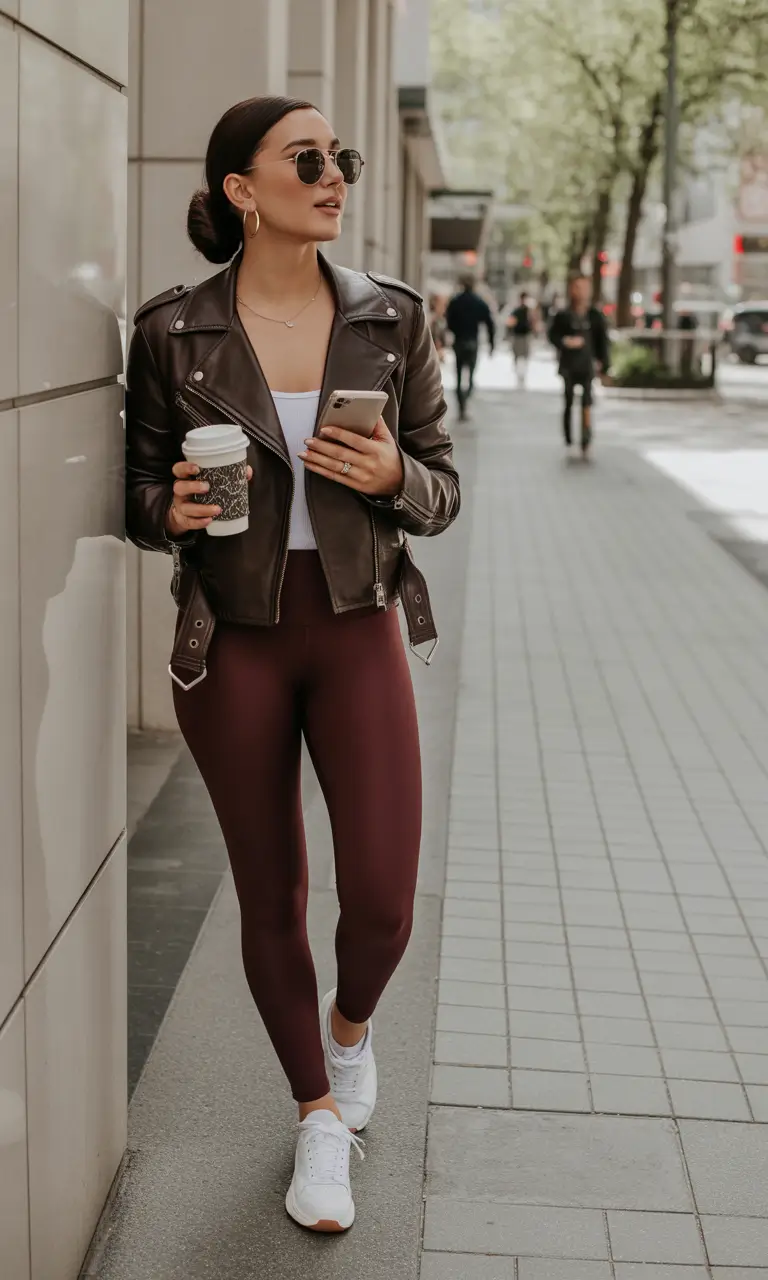 24 chic leggings outfit spring 2026 Brown Leather for City Energy