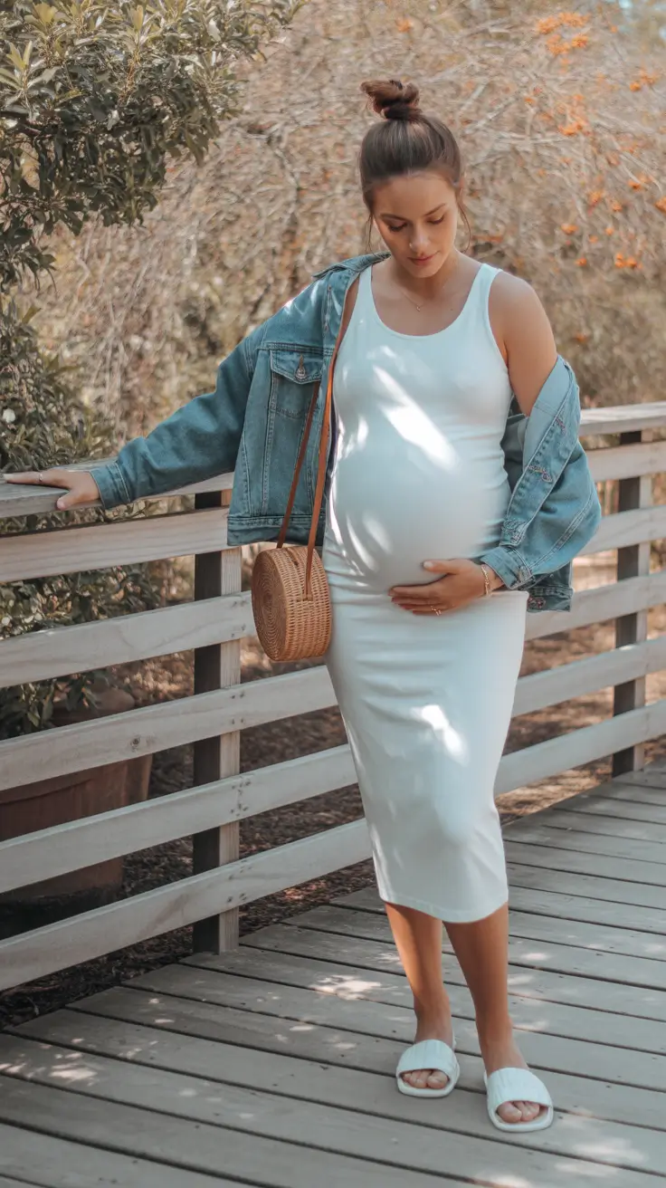 spring outfit for pregnant women Denim and White for Soft Spring Walks