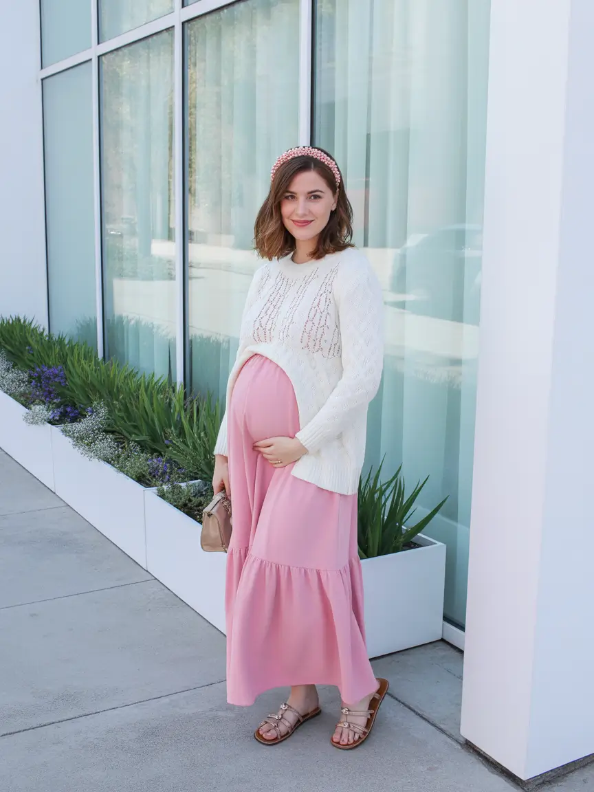 spring outfit for pregnant women Soft Pink Romance With a Cozy Twist