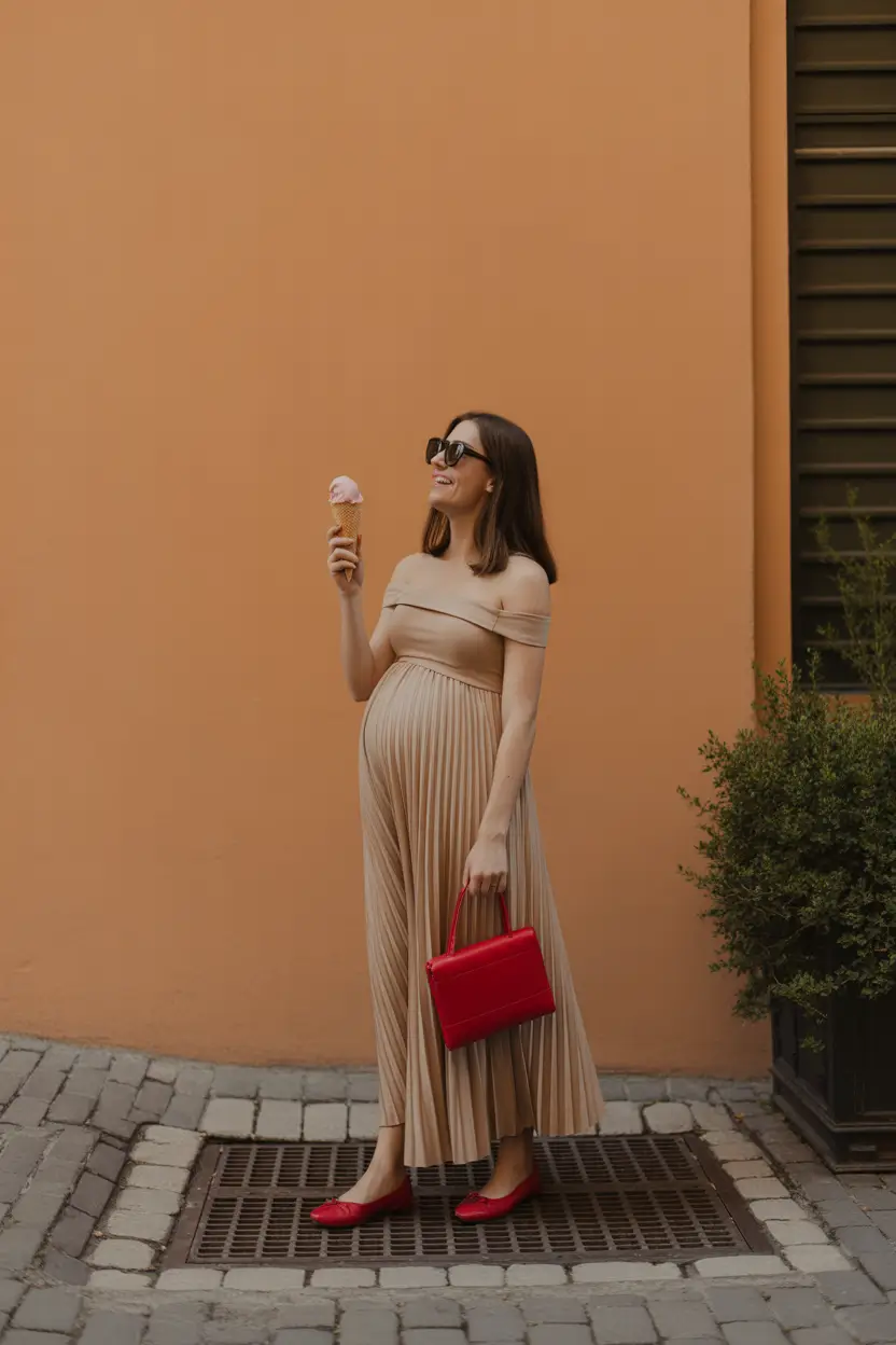 spring outfit for pregnant women Playful Elegance With a Pop of Red