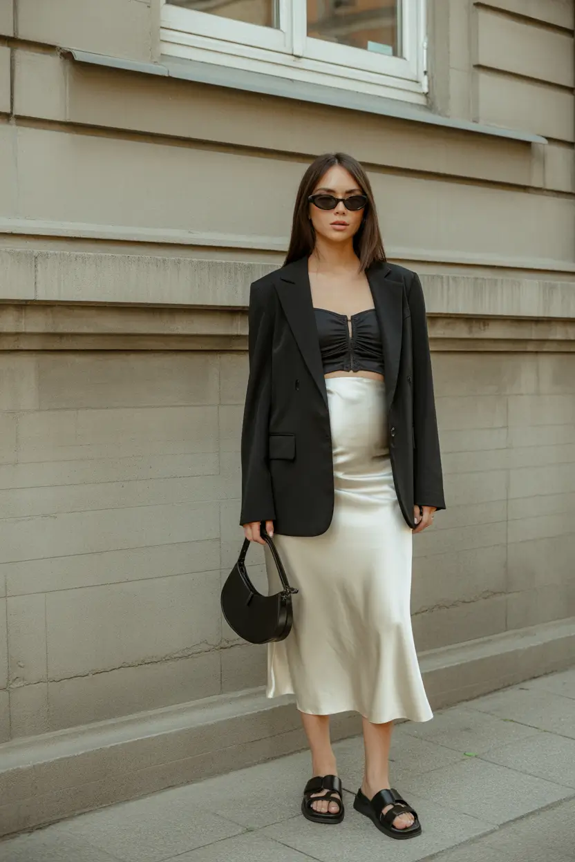 spring outfit for pregnant women Modern City Chic With a Sharp Edge