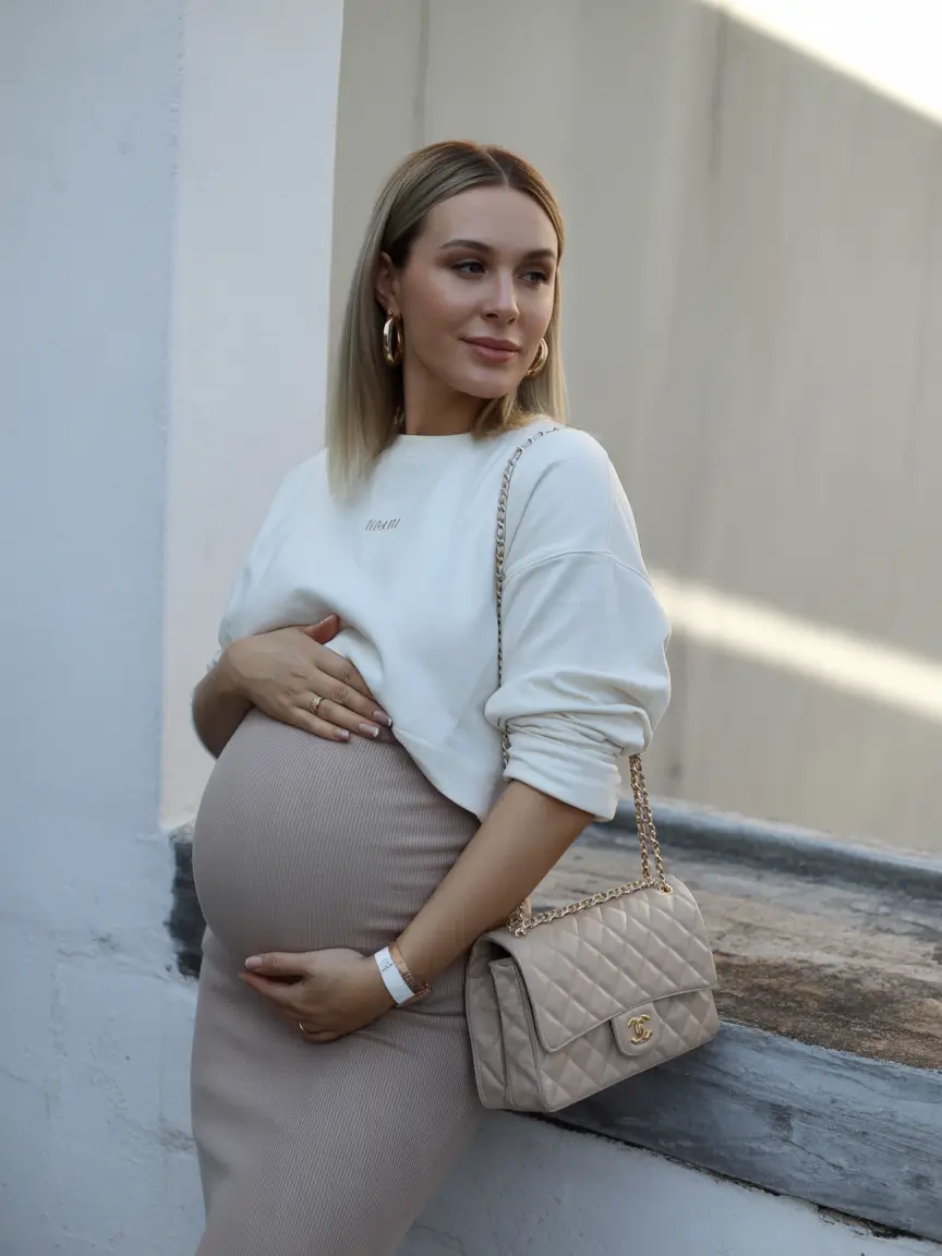 spring outfit for pregnant women Soft Neutrals With a Quiet Luxury Feel