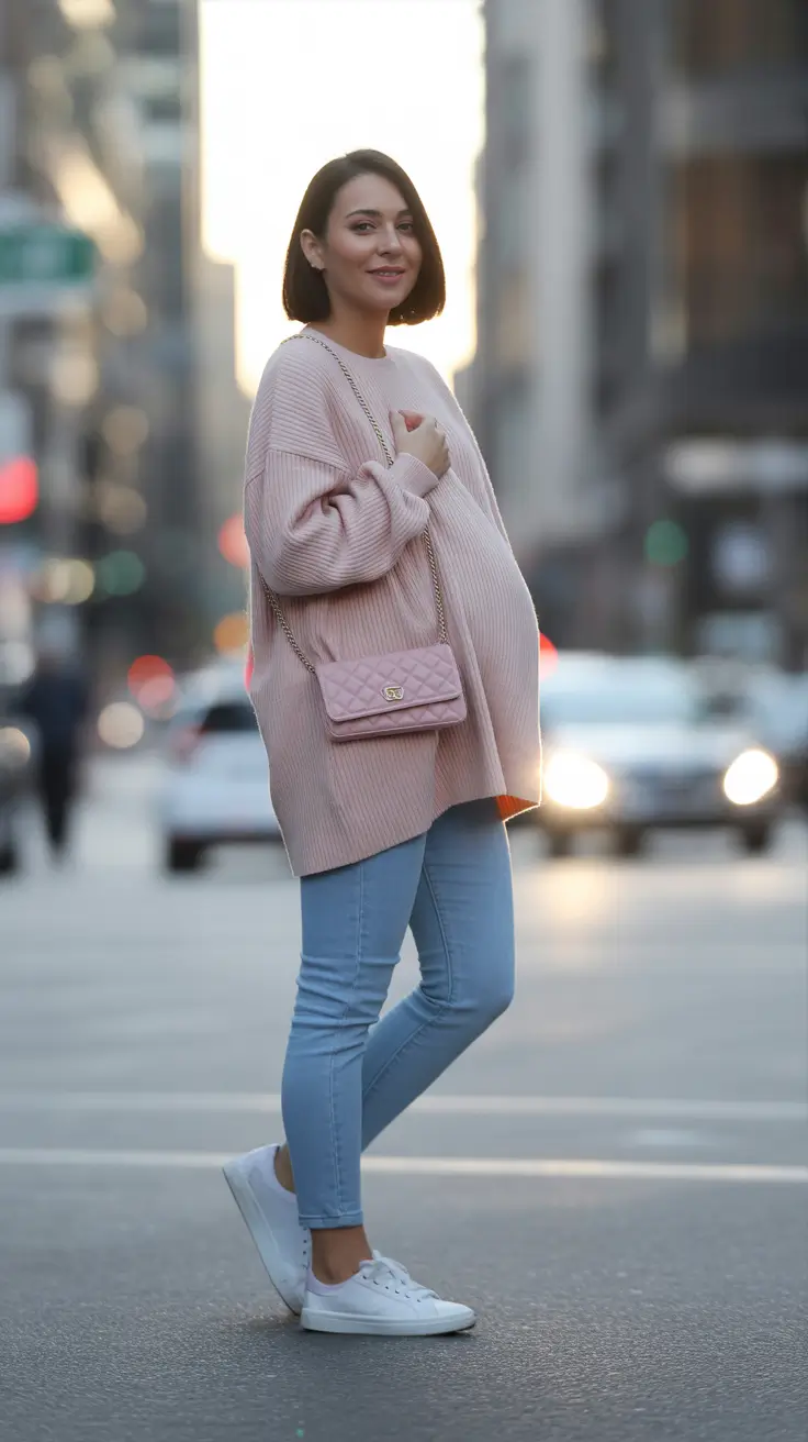 spring outfit for pregnant women Everyday Denim Energy With a Soft Pink Touch
