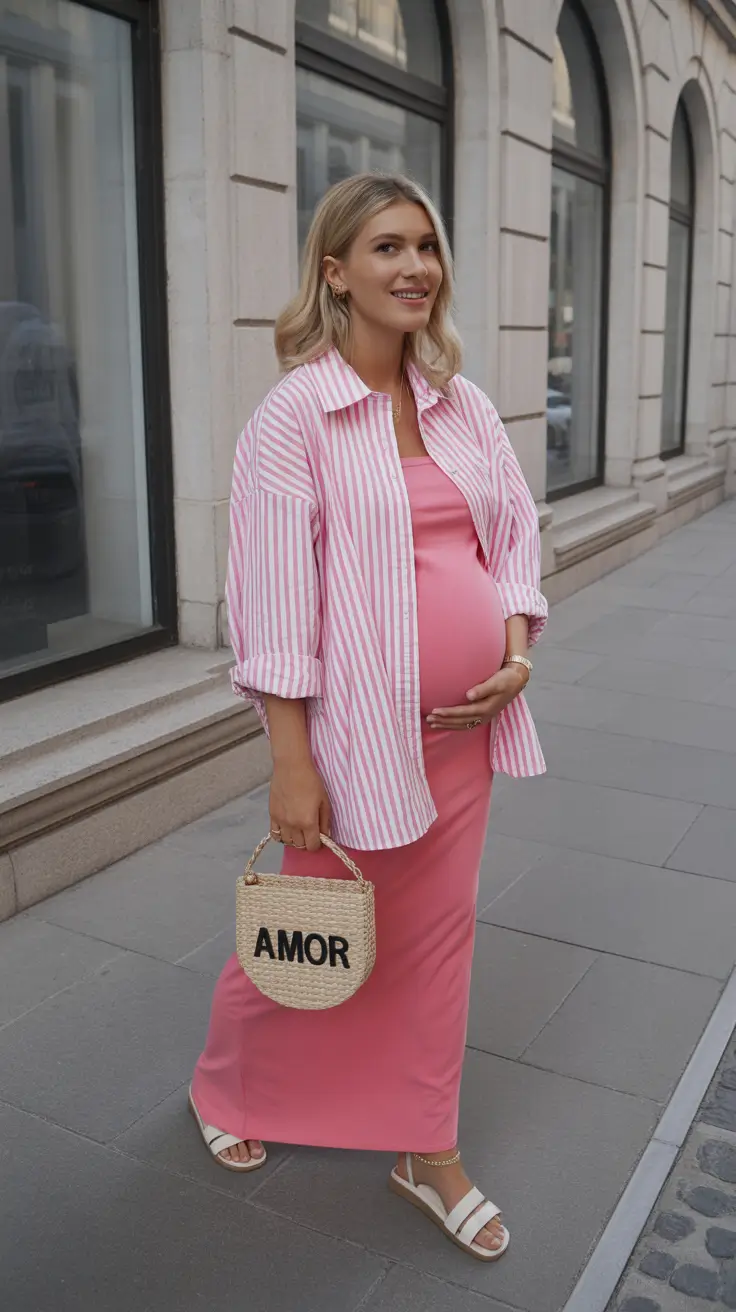 spring outfit for pregnant women Playful Stripes and Pink for a Confident Spring Finish