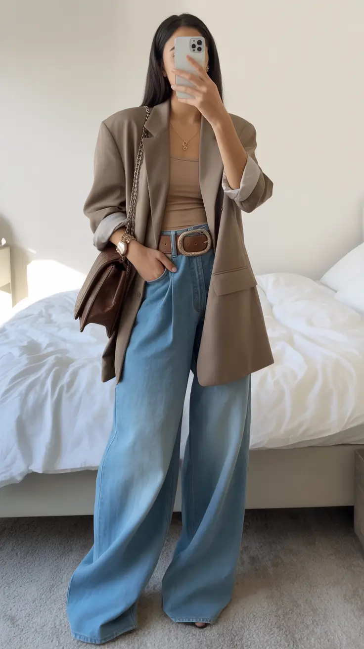 spring outfits 2026 trends Modern Denim Tailoring With Warm Neutrals