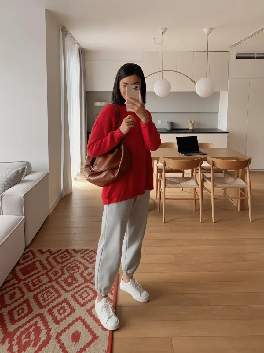 spring sport outfits for women Soft Red Knit Meets Relaxed Sport Comfort