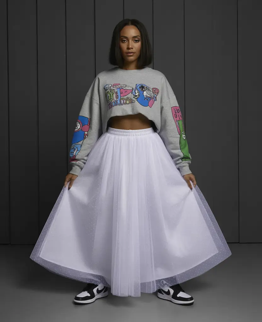 spring long skirt outfits Graphic Sweatshirt Meets Ballet-Inspired Maxi