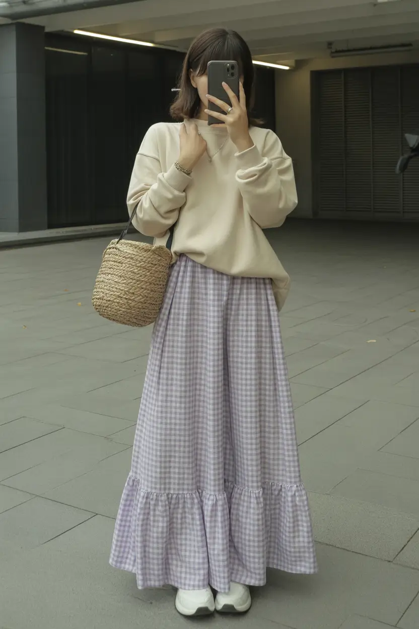 spring long skirt outfits Soft Grey Checks and Cozy Spring Comfort