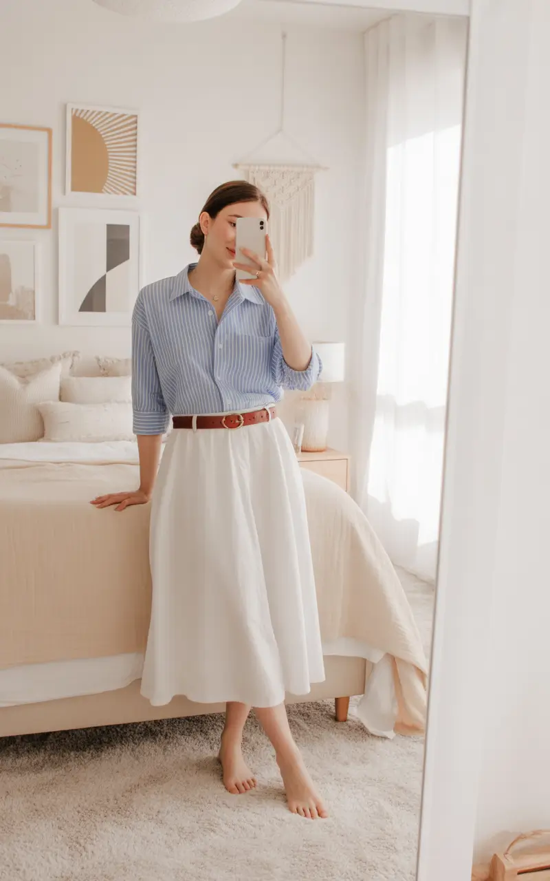 spring long skirt outfits Effortless Blue and White Homewear Chic