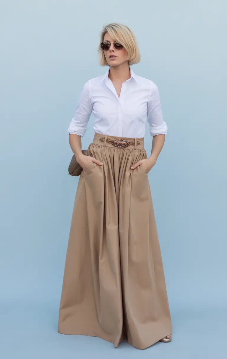 spring long skirt outfits Clean White Shirt and Structured Neutral Maxi