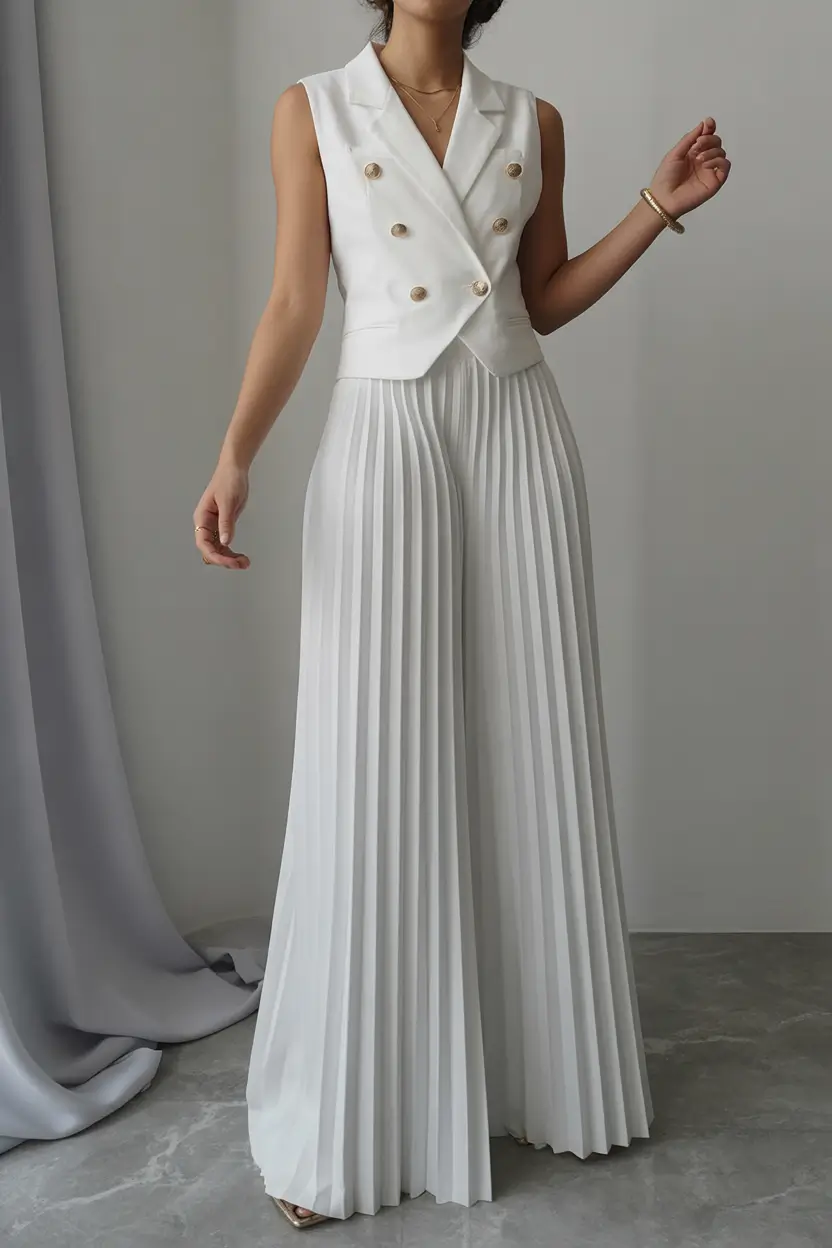 spring long skirt outfits Soft Tailoring with a White Pleated Statement