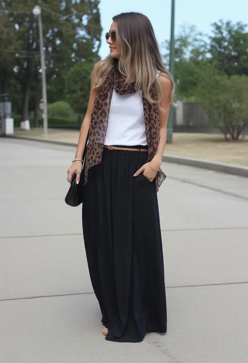 spring long skirt outfits Relaxed Black Maxi with Soft Animal Accents