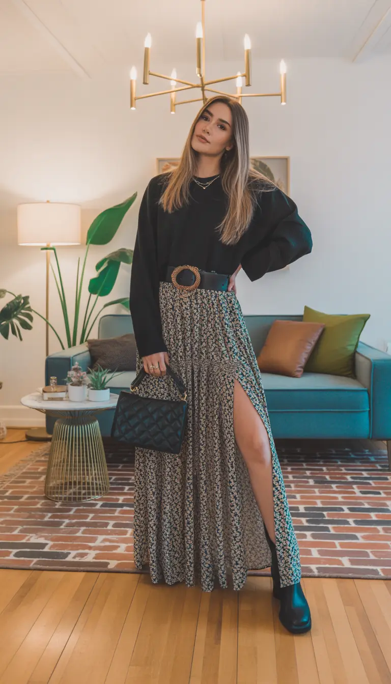 spring long skirt outfits Dark Florals with a Modern City Mood