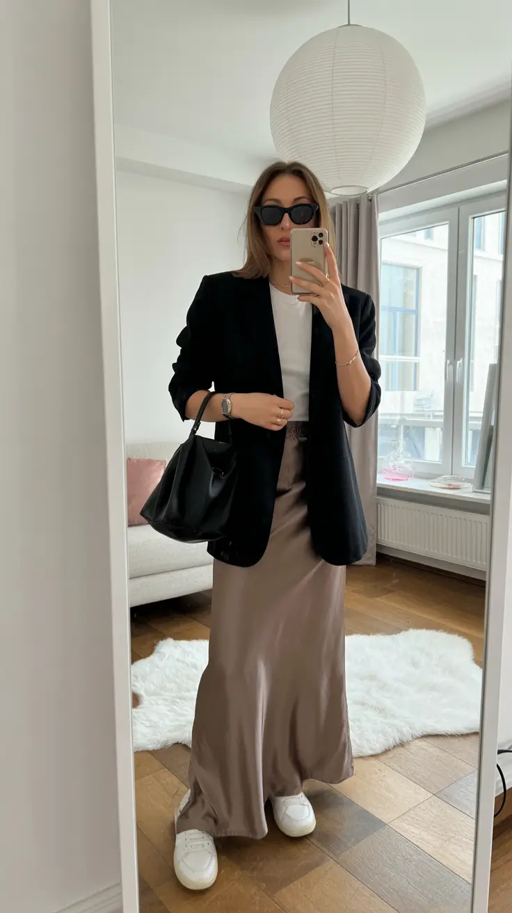 spring long skirt outfits Black Blazer Meets Satin Softness