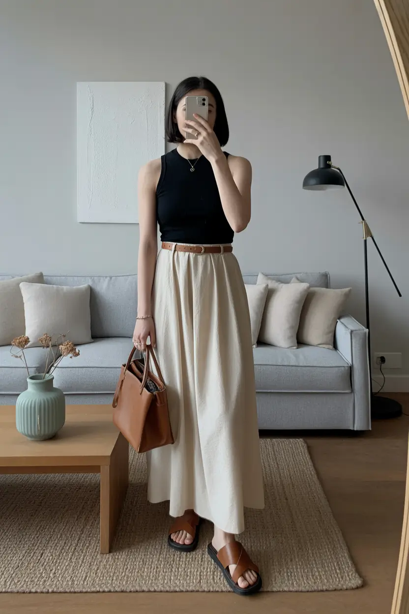 spring long skirt outfits Minimal Lines with a Soft Neutral Maxi
