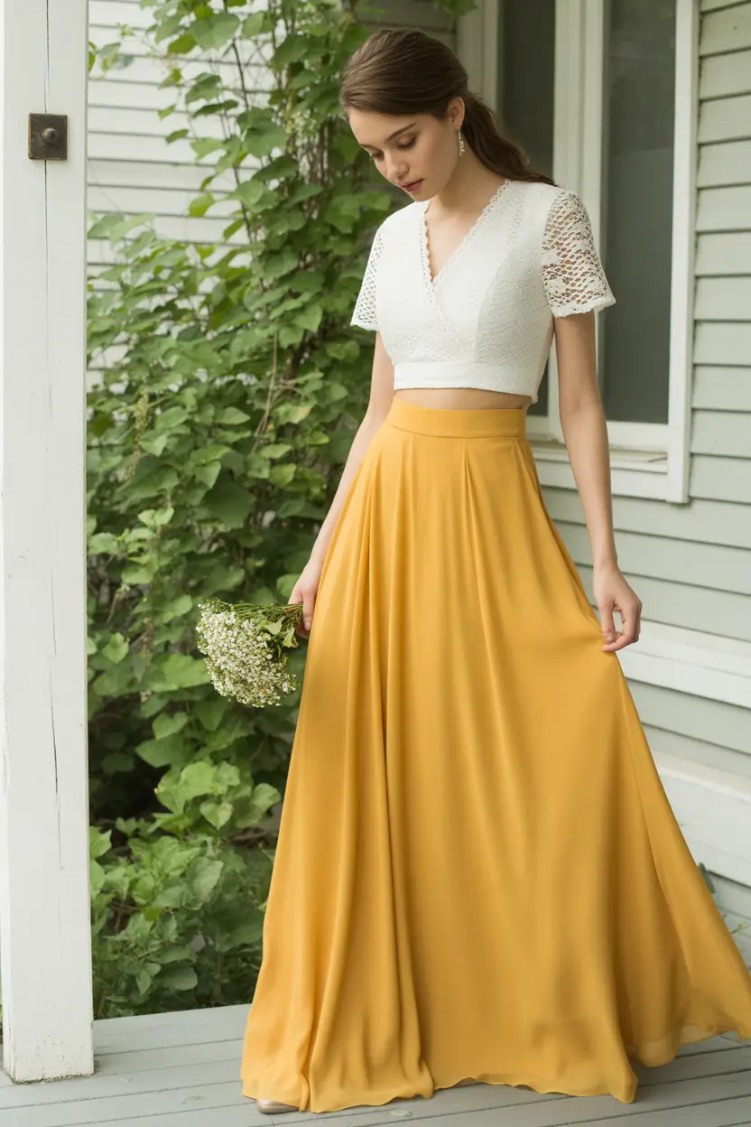spring long skirt outfits Sunny Yellow Maxi with Soft Lace Details