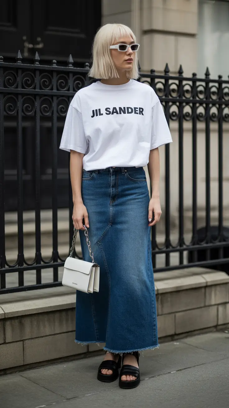 spring long skirt outfits Minimal Street Style with a Blue Jean Maxi