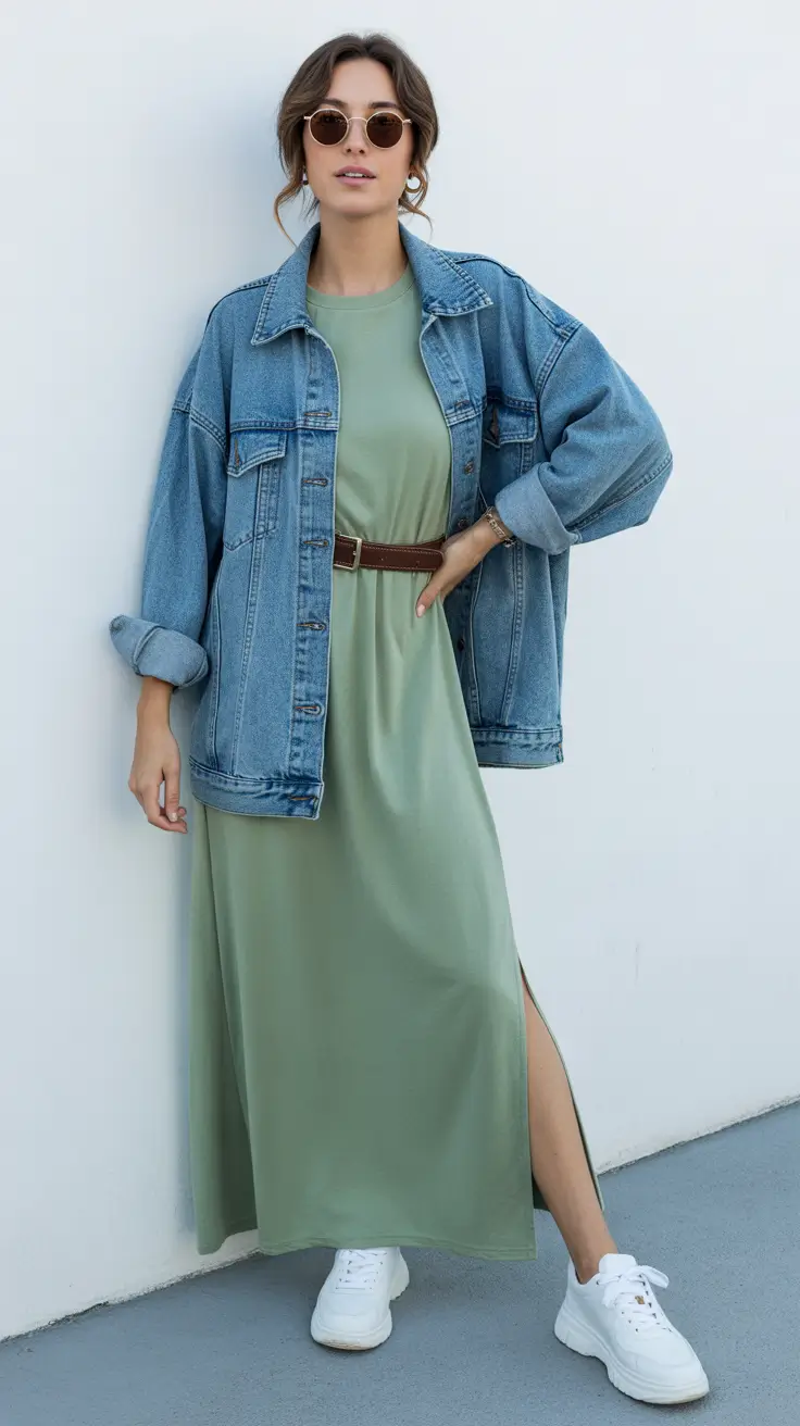 sneakers spring outfit Green Dress Meets Everyday Denim